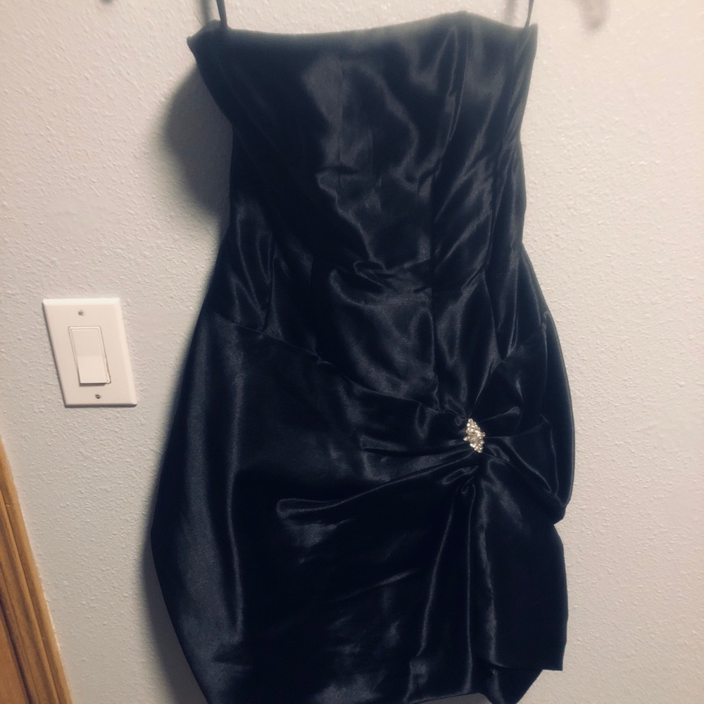 Strapless Black Satin Cocktail Dress with Side Embellishment